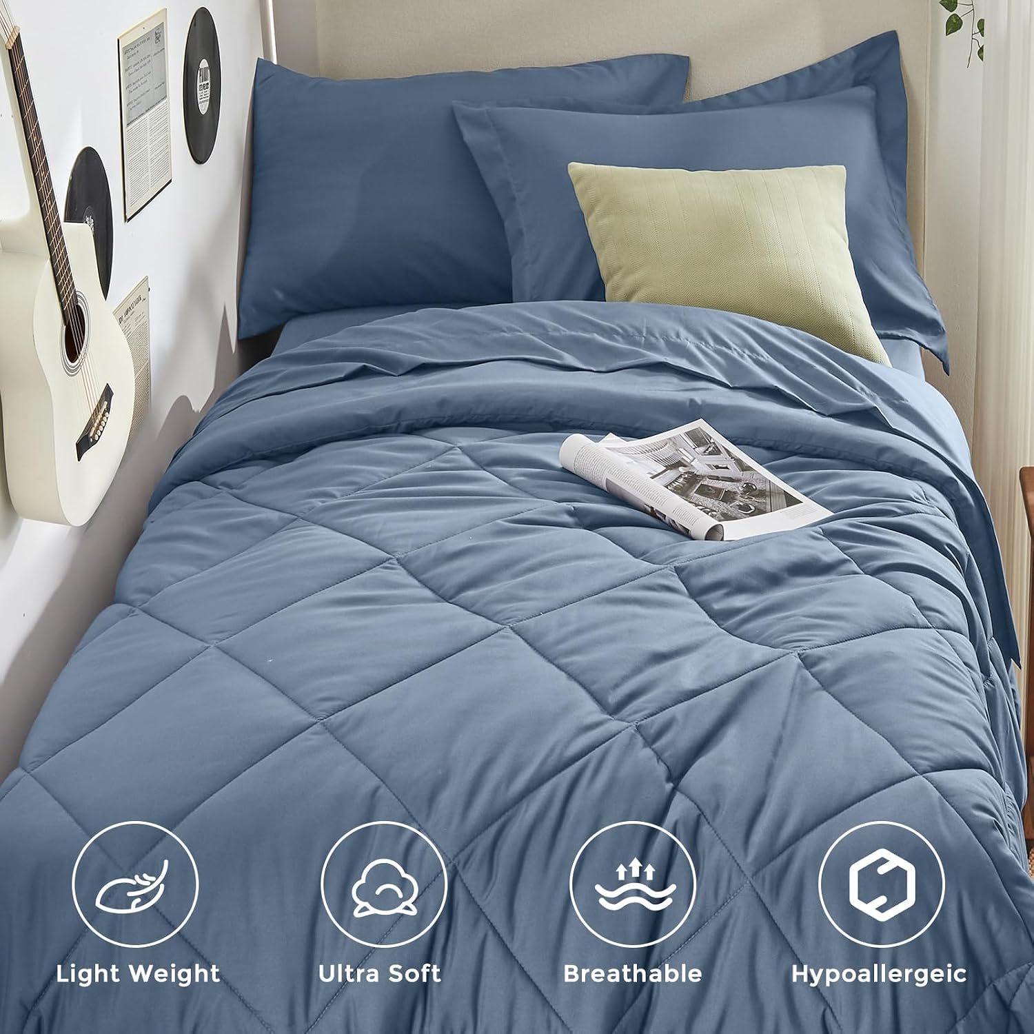 Detalle 2 de HEVUMYI Twin XL Comforter Set, Dusty Blue Reversible 5-Piece Bed in a Bag