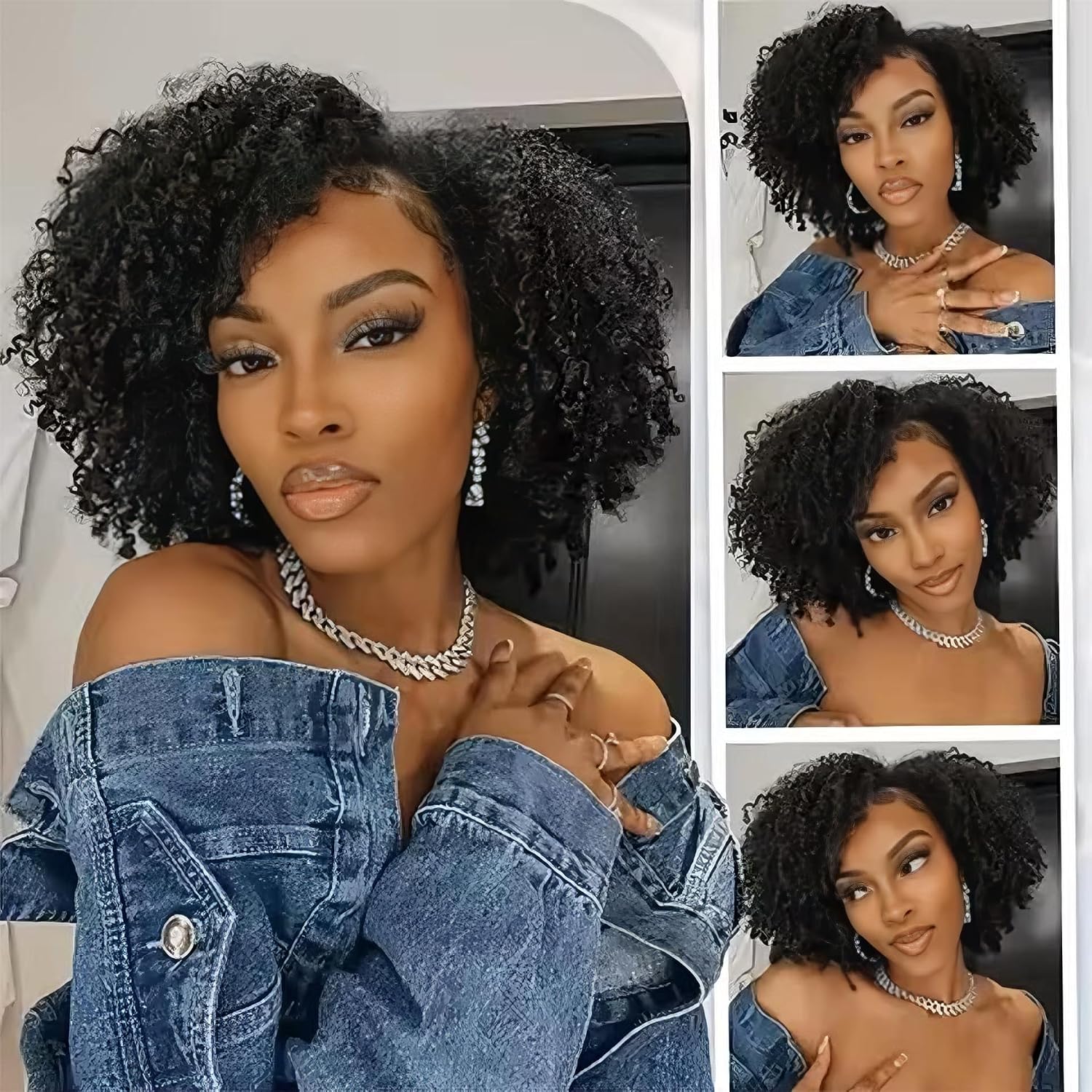 Detalle 2 de Perruque Demi-Tête 3 en 1 en Cheveux Humains Bouclés – 14 pouces, sans colle, bandeau flip-over