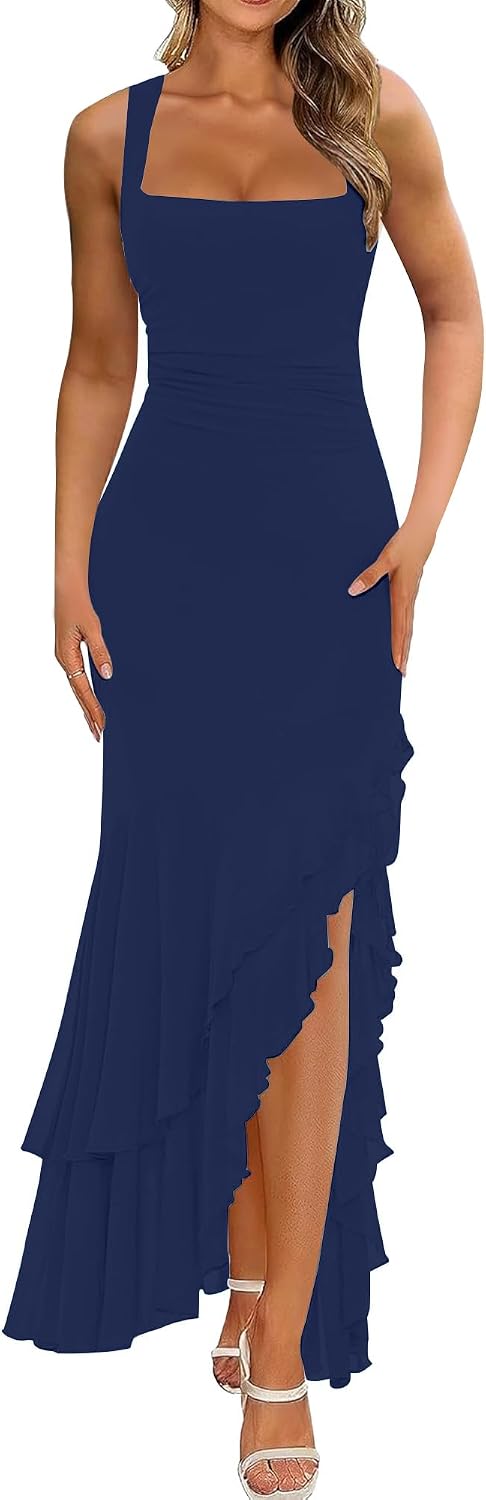 Detalle de BORIFLORS Women's Elegant Bodycon Ruched Maxi Cocktail Dress
