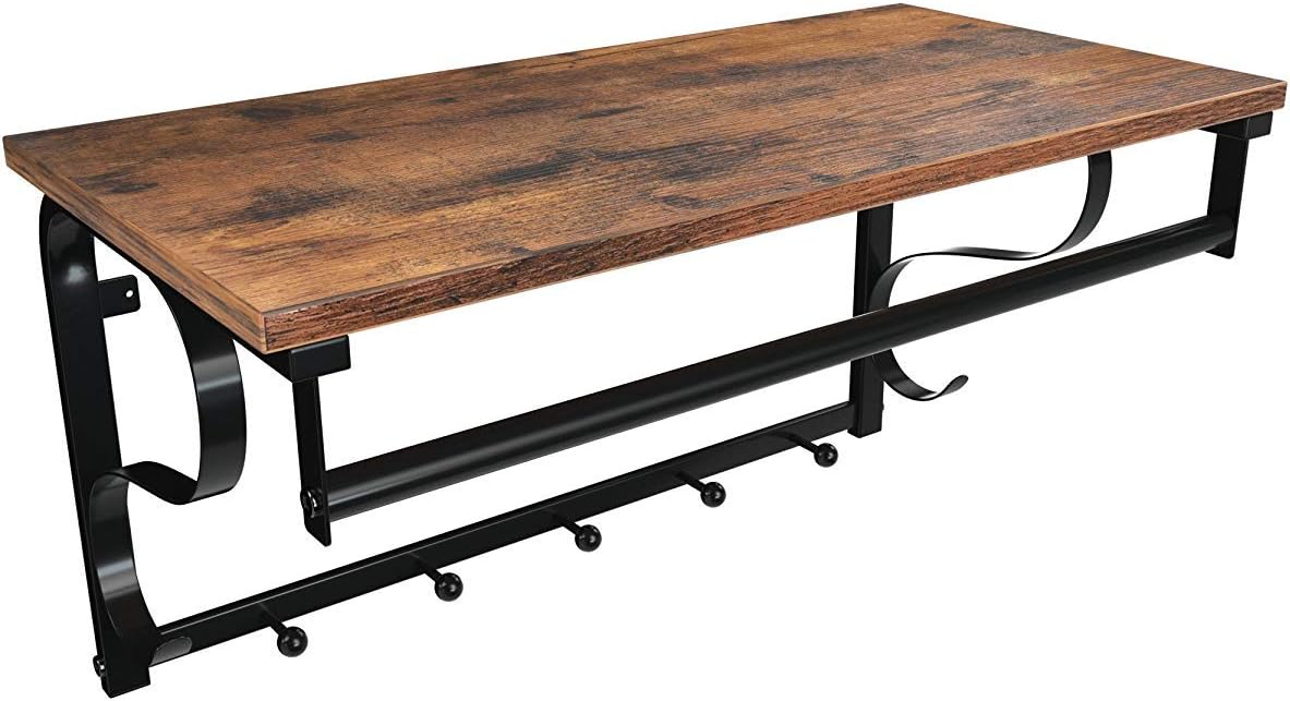 Detalle de VASAGLE LCR11BX Industrial Wall-Mounted Coat Rack with Shelf, 5 Hooks & Bar