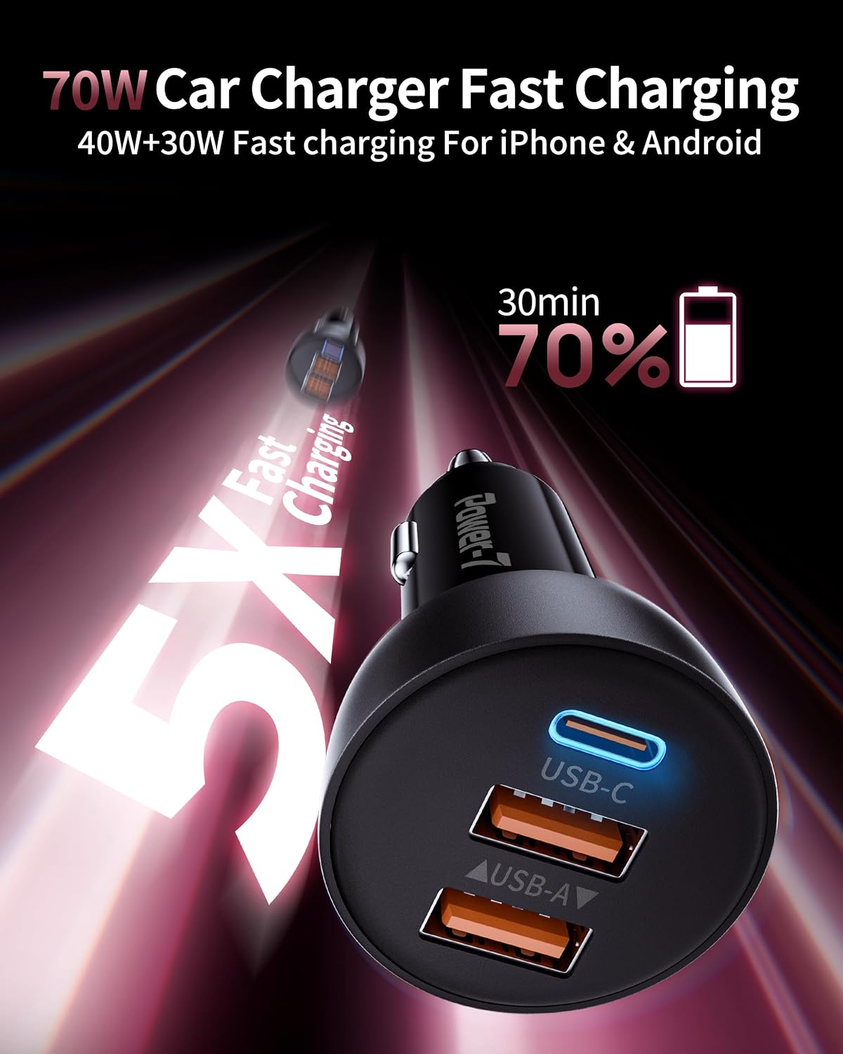 Detalle de USB-C Car Charger 2-Pack (70W, 3-Port) with PD/QC Fast Charging for iPhone, iPad, Galaxy, Pixel & Android