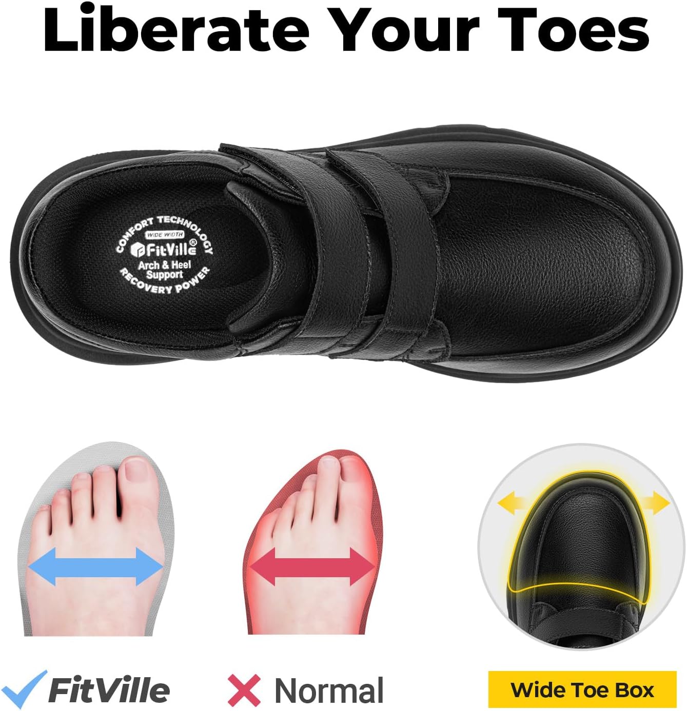 Detalle de FitVille Extra Weit Herren Lederschuhe mit Klettverschluss – Leichte Freizeitschuhe, Gr.40–50