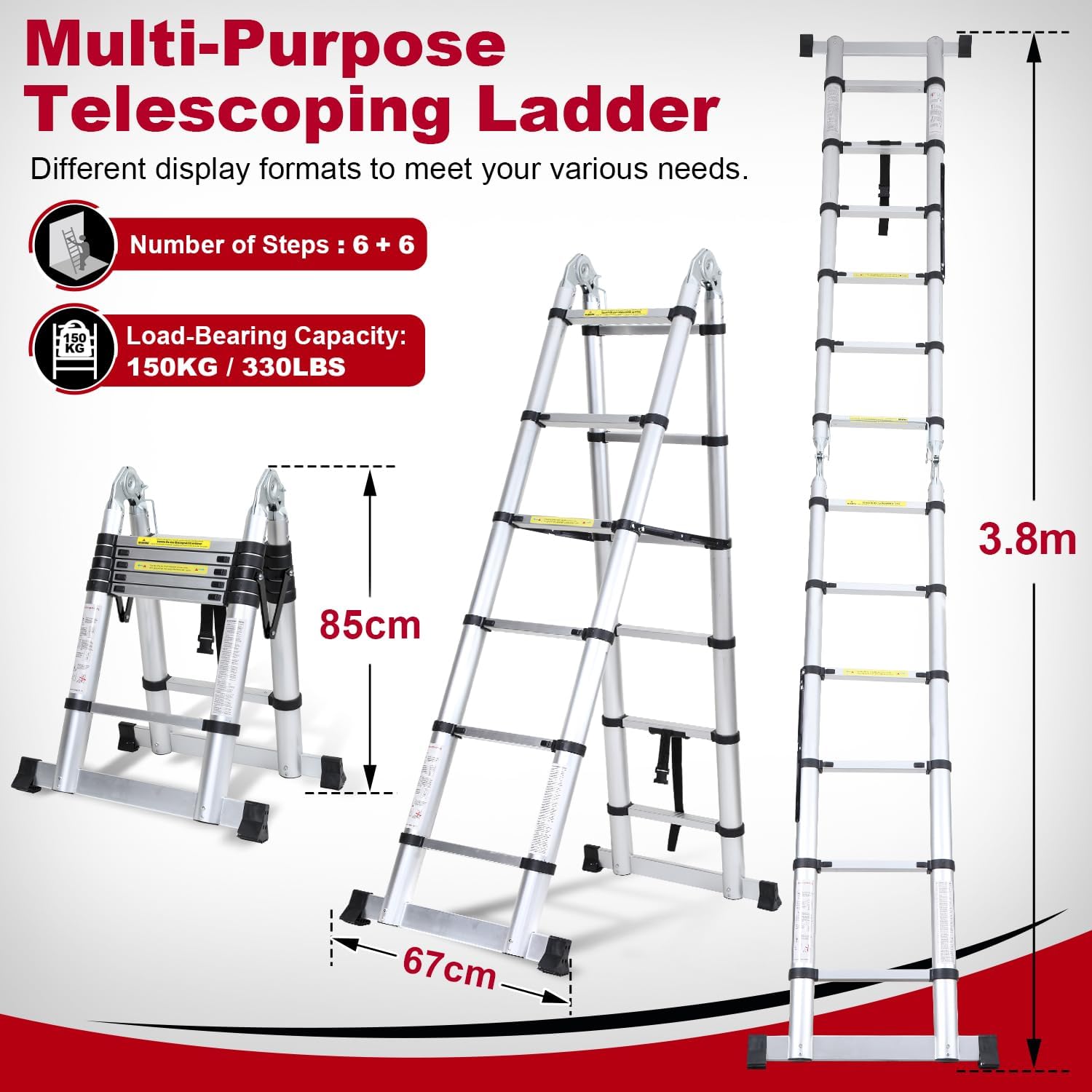Thumbnail 1 de Joparri Teleskopleiter Aluminium – Klappleiter 3,8 m, 150 kg Tragfähigkeit, ausziehbar & rutschfest