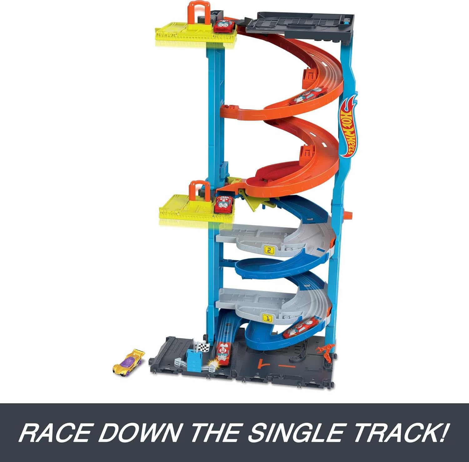Detalle de Hot Wheels City Trackset 2-in-1 Rennturm mit 1 Hot Wheels Auto (HKX43) – Umwandlung von Einzelbahn zu zweispuriger Rennbahn