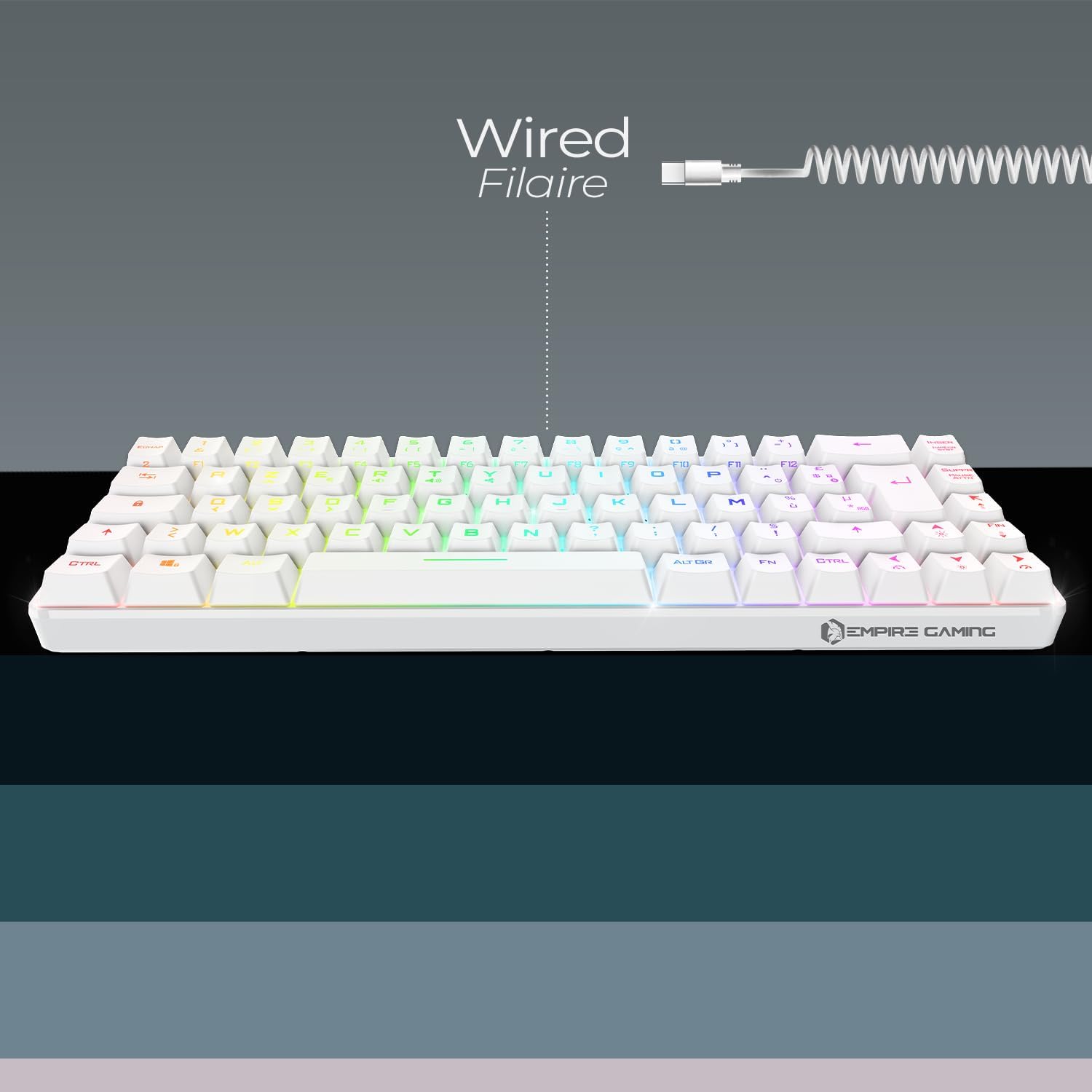 Thumbnail 1 de Empire Gaming K208 — Clavier gamer filaire TKL compact AZERTY 69 touches RGB, anti-ghosting (blanc) avec USB Type C détachable