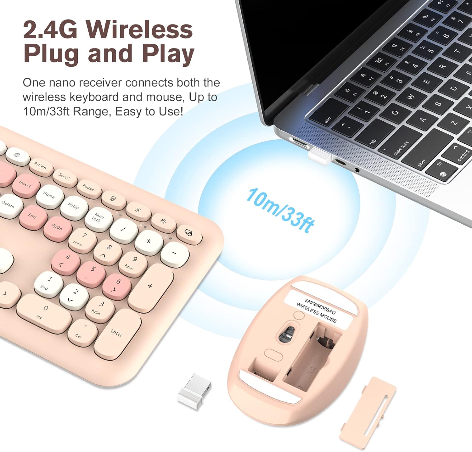 Detalle de PINKCAT Wireless Keyboard Mouse Combo – Full Size UK QWERTY Ergonomic Set (Milk Tea Pink)