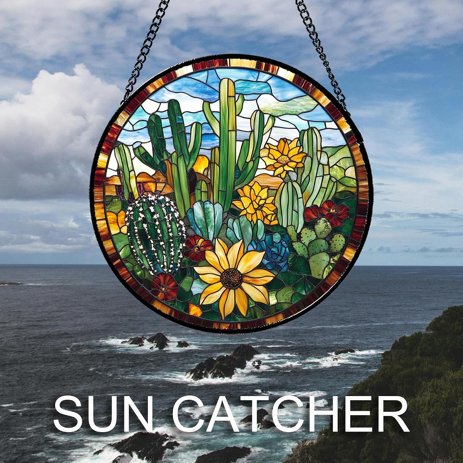 Detalle de QZQCBLC Stained Glass Cactus Suncatcher, Green with Yellow Flowers, 6.3-Inch