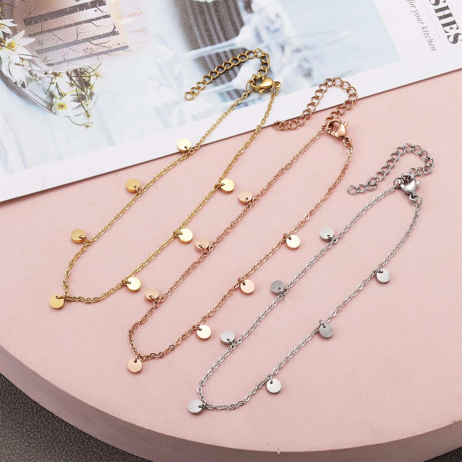 Detalle de RWQIAN Damen Fußkettchen – verstellbare Edelstahl-Kette, 20 cm + 4 cm, wasserfest