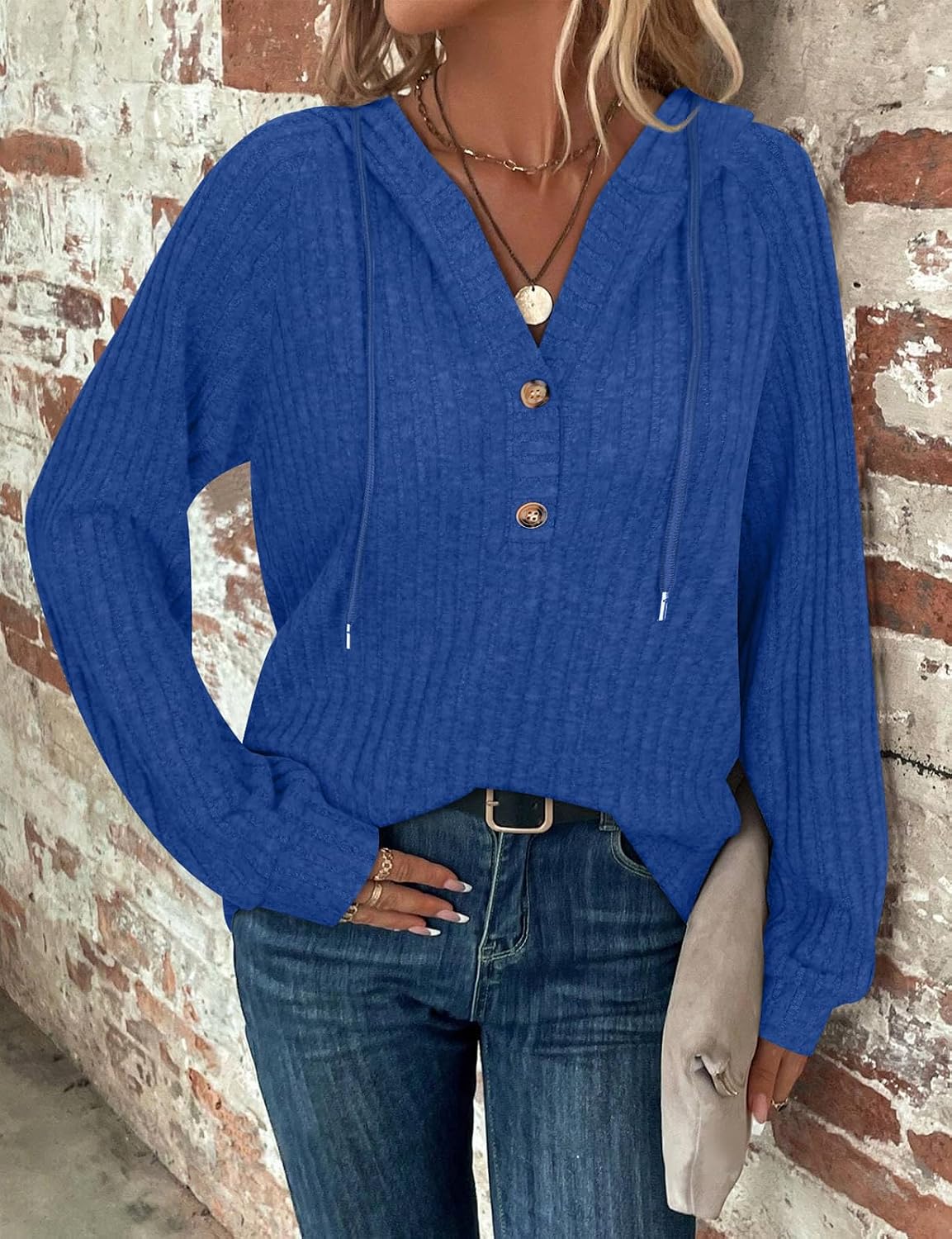 Thumbnail 3 de Women’s drawstring V-neck long-sleeve hoodie jumper (65% rayon blend) with button front