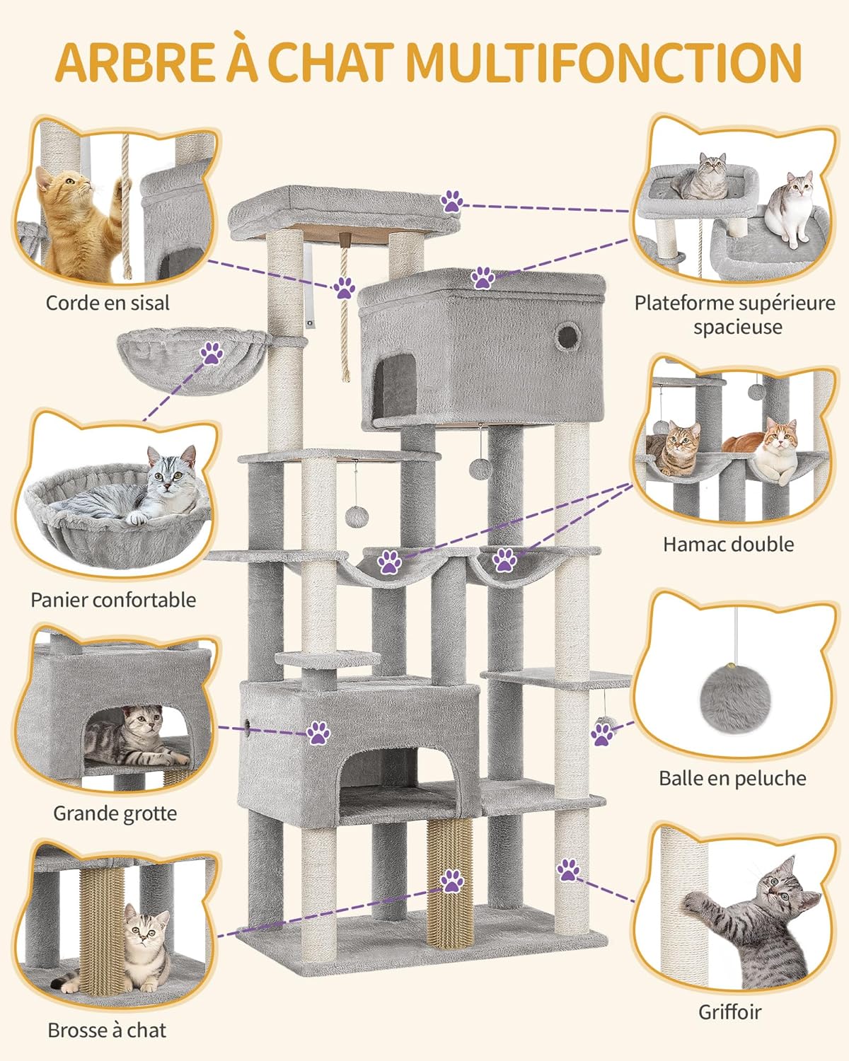 Thumbnail 6 de Hzuaneri Arbre à Chat XXL de 200 cm pour Maine Coon – 10 griffoirs, 2 hamacs et 2 niches (gris clair)