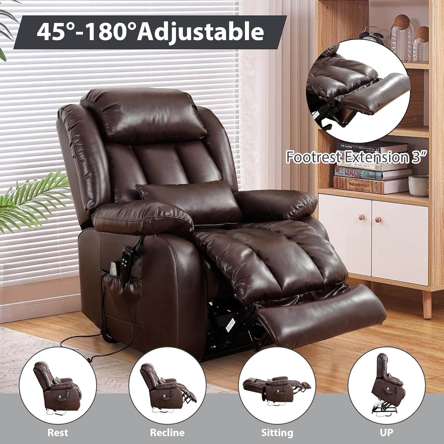 Detalle de EDILLY RVL003 Power Lift Recliner, X-Large Genuine Leather, Heated Massage