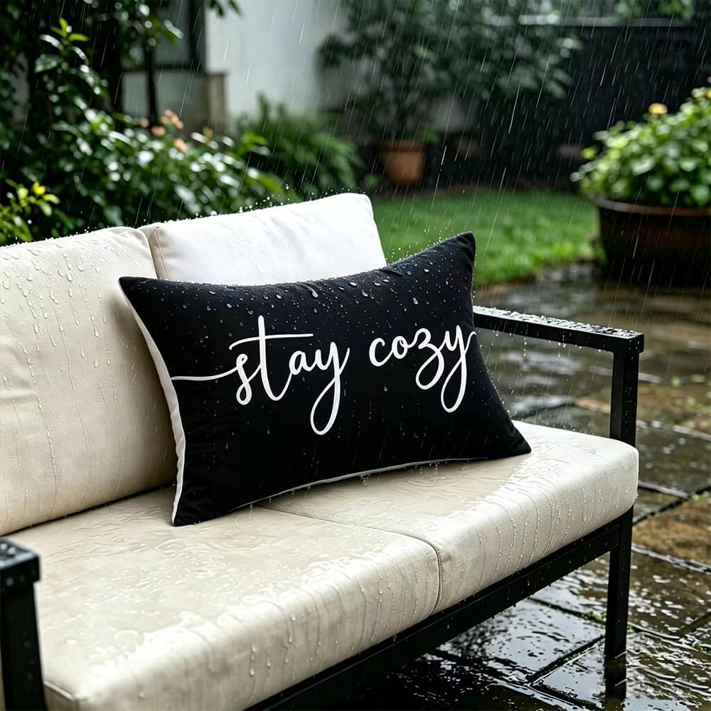 Detalle de rowjow Stay Cozy waterproof throw pillow covers, black, 12 x 20 in, 2-pack