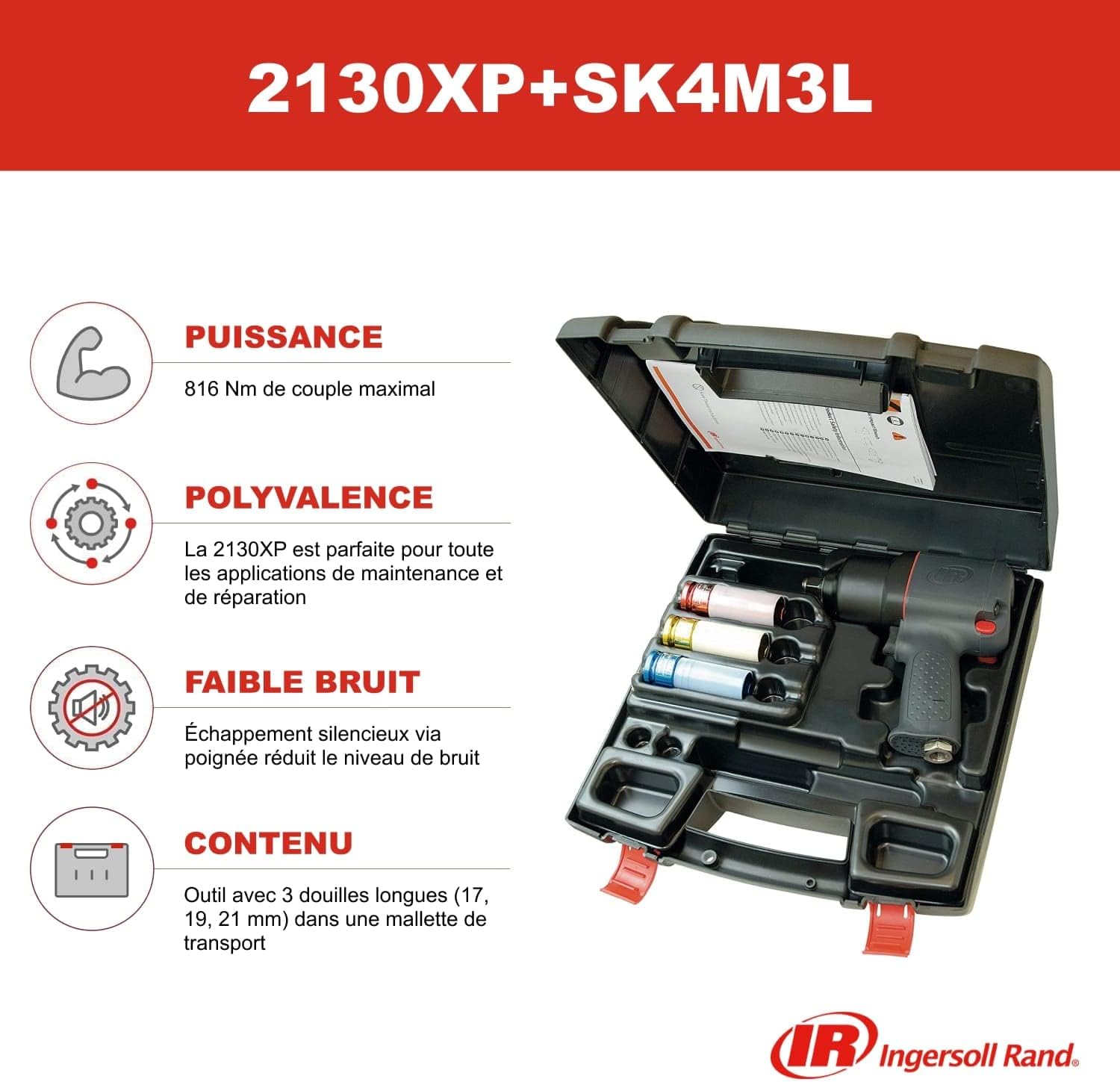 Detalle de Ingersoll-Rand Coffret Clé à Chocs 2130XP-SK4M3L 1/2" – Kit Pneumatique