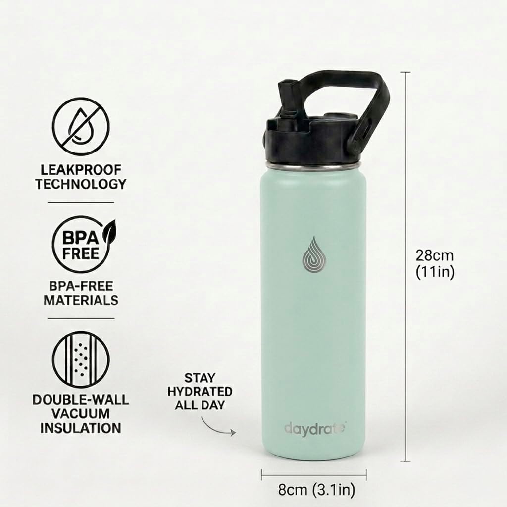 Detalle 2 de Daydrate Insulated 750ml Metal Water Bottle with Straw & Spout (Green)