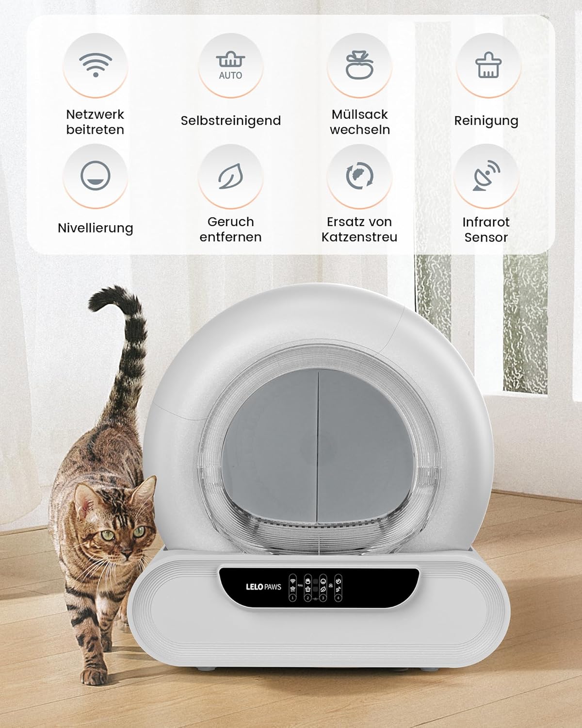 Thumbnail 5 de LELO PAWS Selbstreinigende Katzentoilette XXL – 65 L Innenraum, App-Überwachung, Türvorhang, Grau