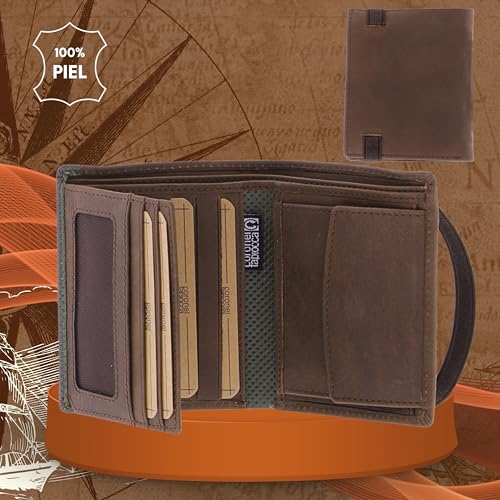 Detalle de Cartera Aladino Marrón de Coronel Tapiocca para Hombre: 6 ranuras, monedero y compartimentos