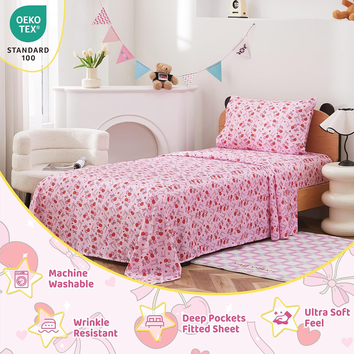 Thumbnail 2 de Viviland Full Sheet Set for Kids, Pink Cherry Bow Microfiber, 15-Inch Pocket