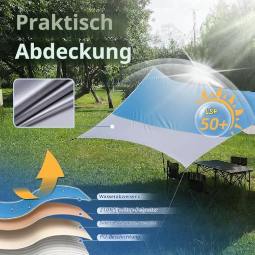 Detalle de Forceatt Zeltplane: 3,7 × 4,3 m Ultraleichtes Tarp aus 150D Oxford mit UPF50+, PU3000, blau