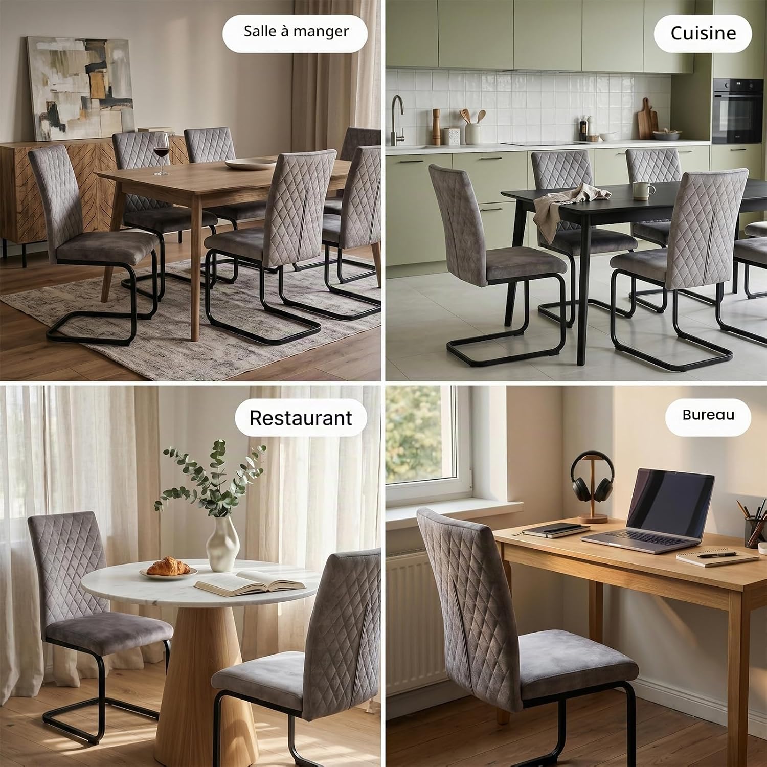 Detalle de JIEXI set van 6 eetkamerstoelen in grijze stof met hoge rugleuning en dik kussen