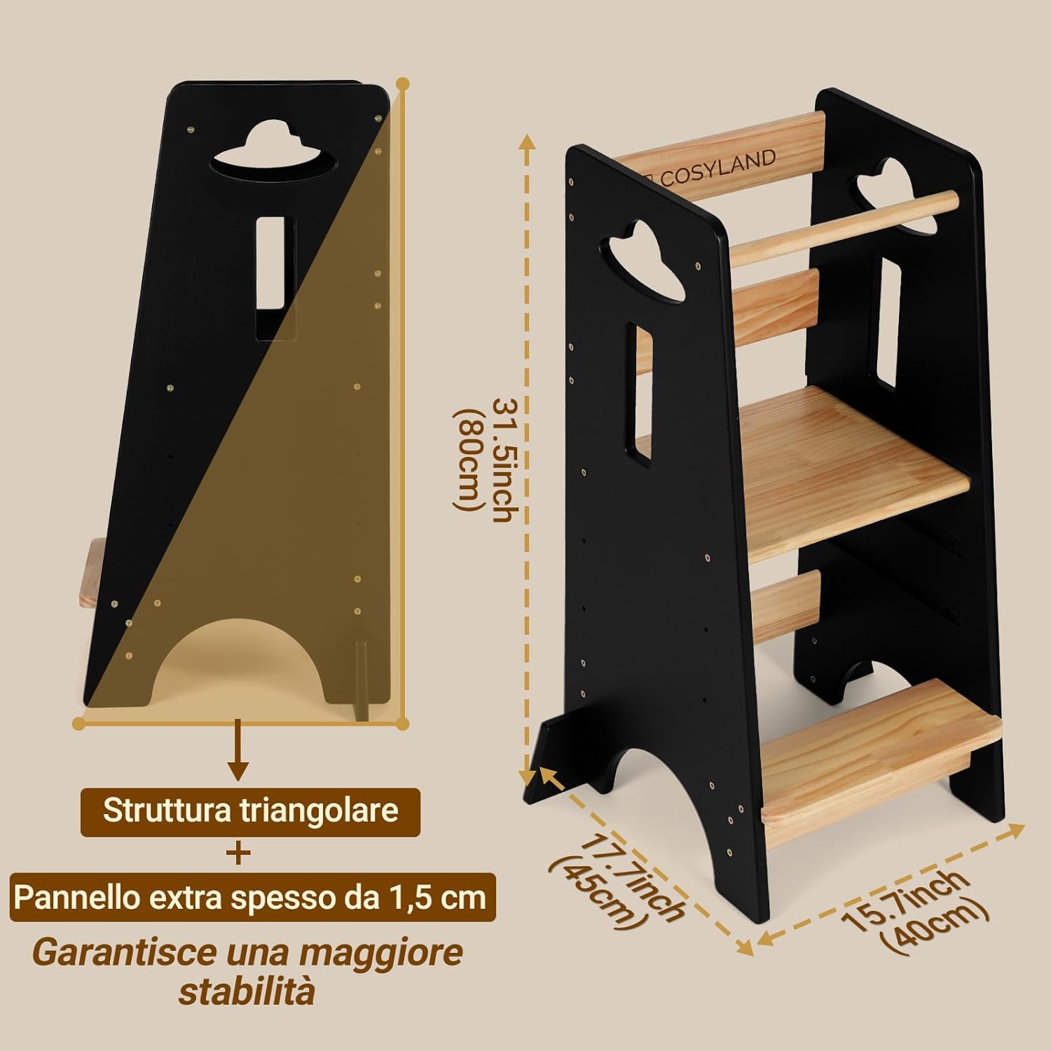 Detalle de COSYLAND Torre Montessoriana per Bambini – 3 Altezze in Legno, Nero Classico/Naturale