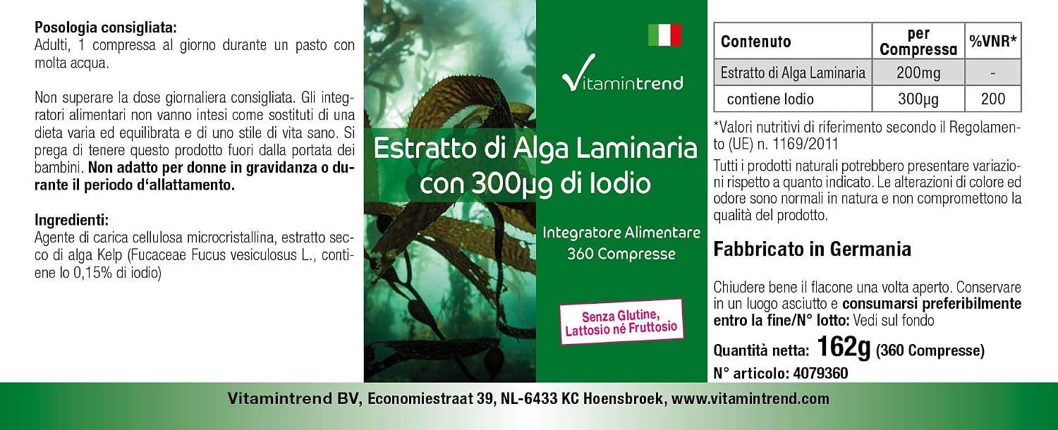 Detalle 2 de Vitamintrend Kelp Extrakt mit 300 µg Jod – vegan, 360 Tabletten, hergestellt in Deutschland