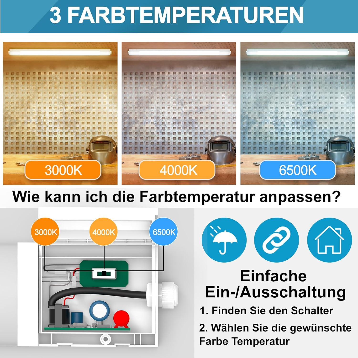 Detalle 2 de Fynokst LED Feuchtraumleuchte 150 cm – IP65, 48 W, 5400 lm, 3 Farbtemperaturen