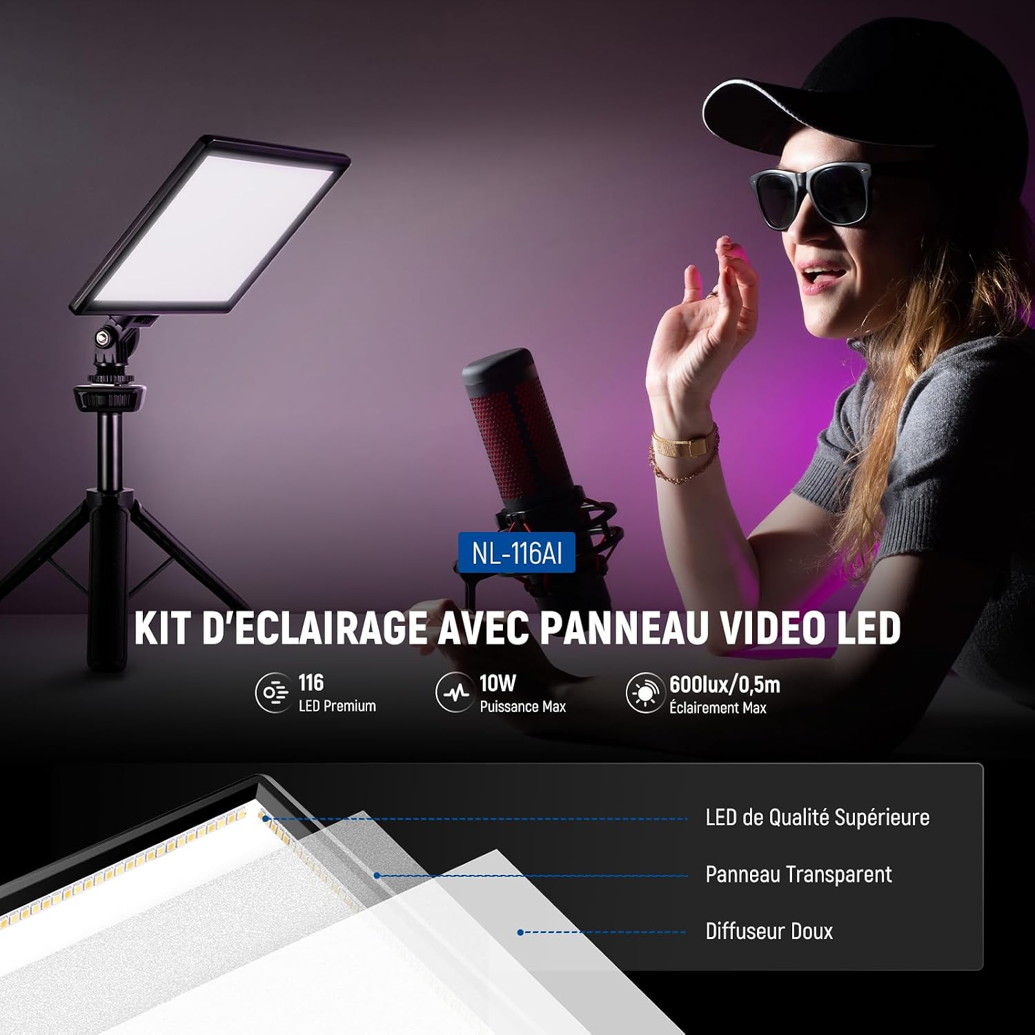 Detalle 2 de NEEWER Panneau LED 9'' NL-116AI pour caméra, 4000 mAh USB-C, température 3200K-5600K et intensité variable