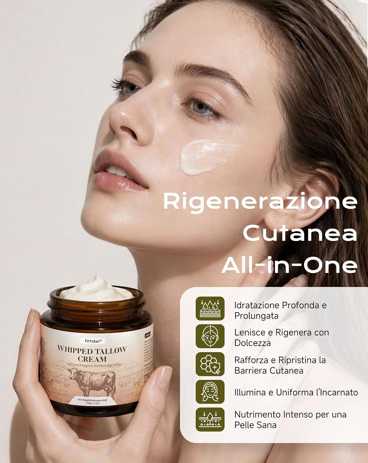 Detalle de Crema idratante viso al beef tallow 120 ml – 100% grass fed, con ialuronico, niacinamide e squalane