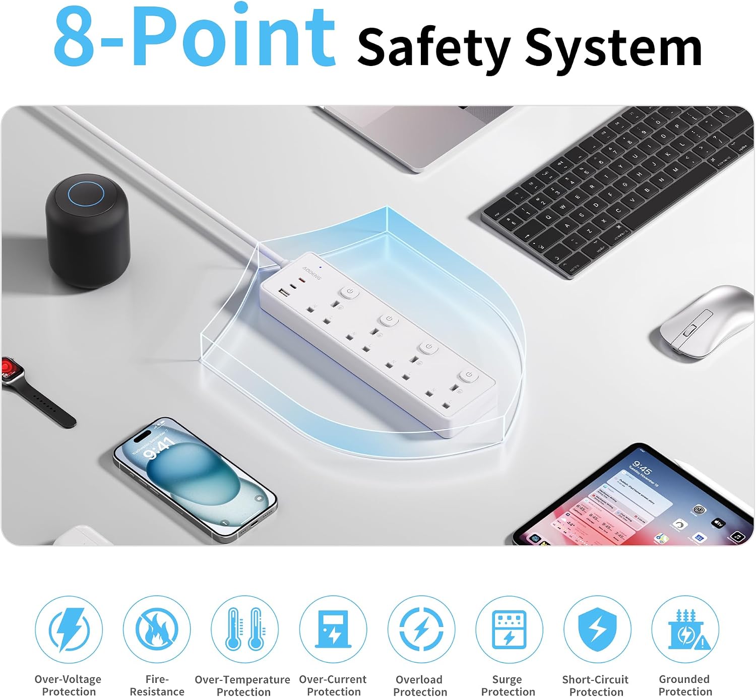 Detalle de Extension Lead with 4 Sockets and 3 USB Ports (30W) – 2m, 4 Individual Switches, Surge Protected, Wall Mountable
