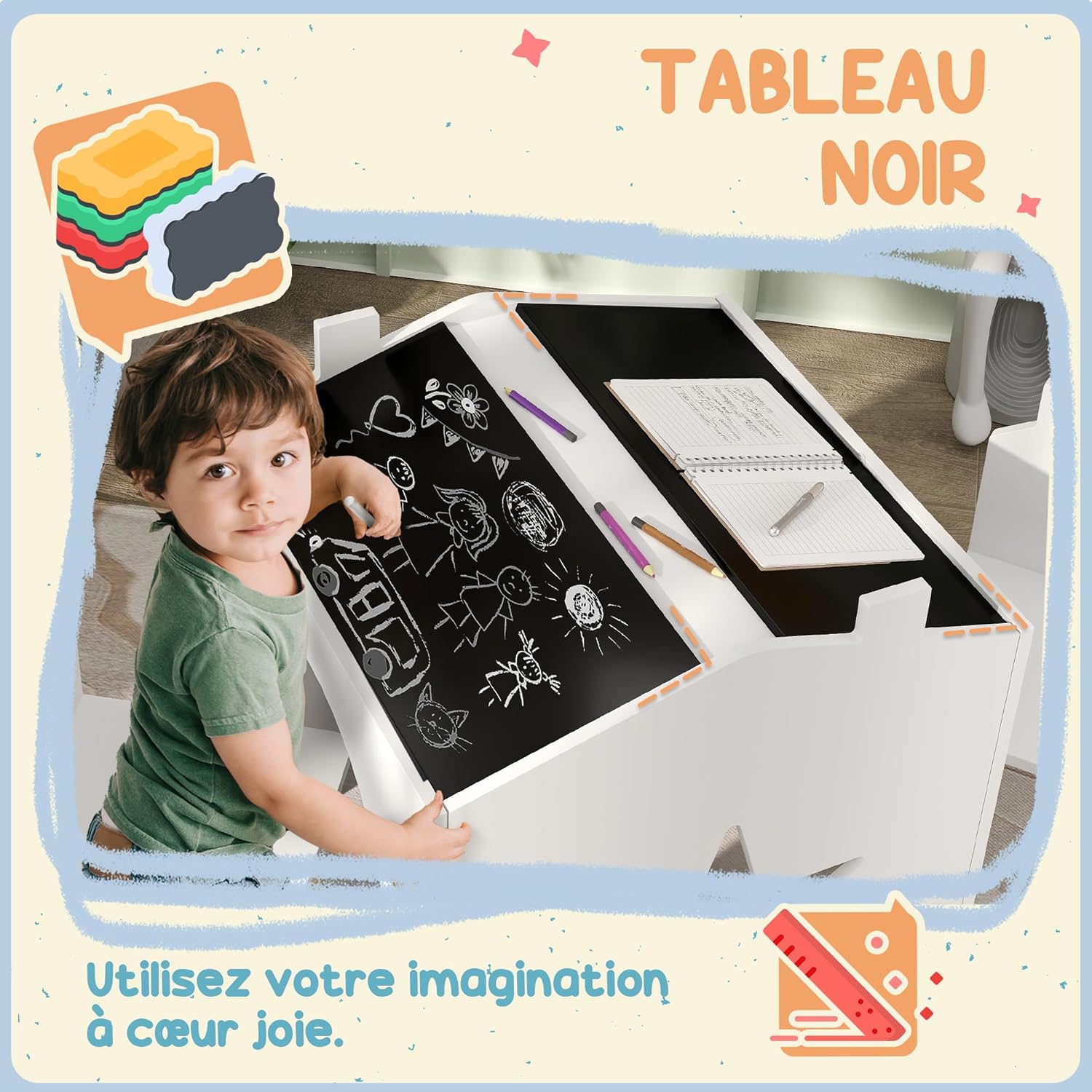Detalle 2 de AIYAPLAY Ensemble table et 2 chaises 3 pièces pour enfants (3 à 8 ans) avec plateau tableau noir, blanc