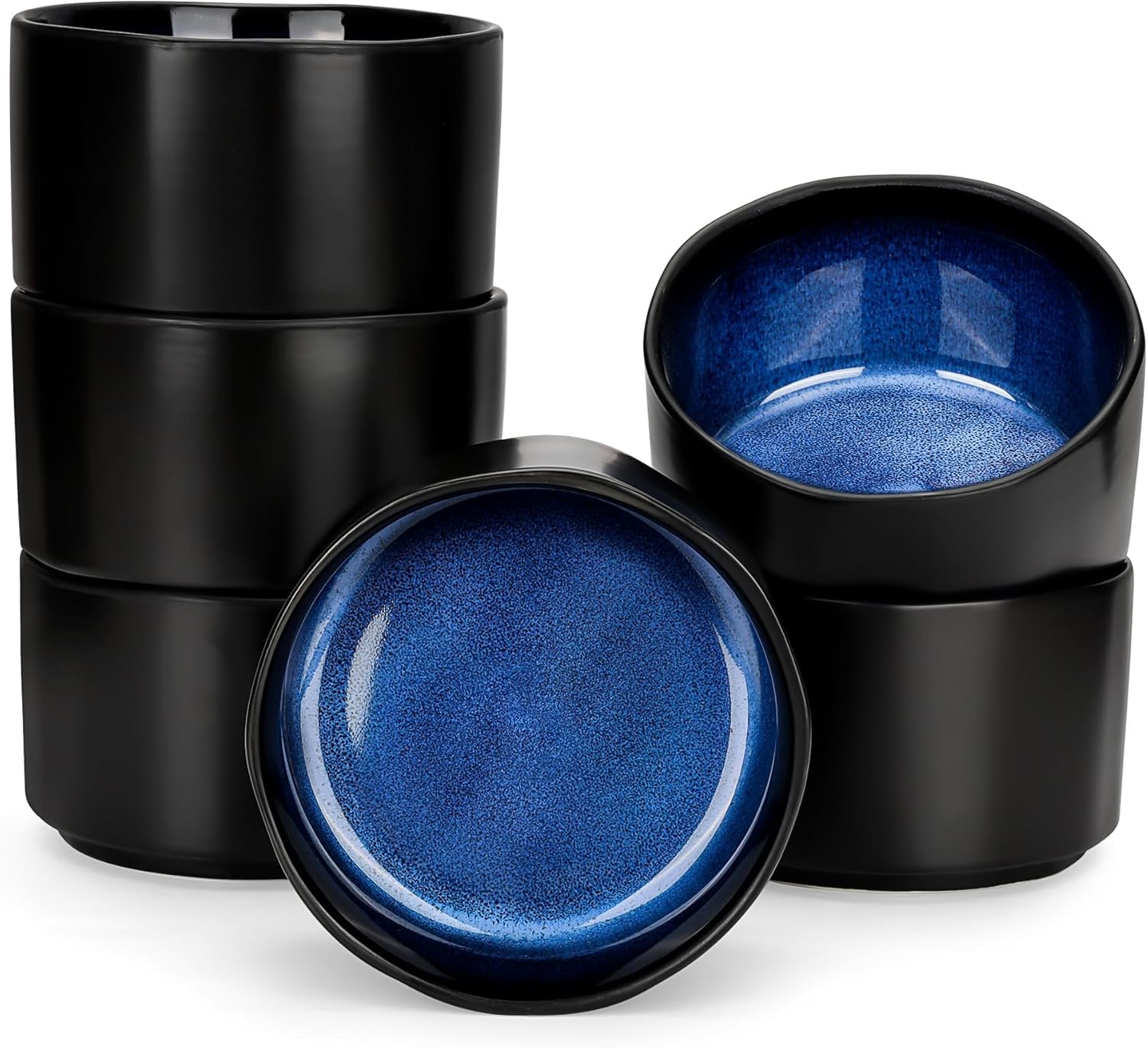 CSYY Müslischalen aus Porzellan (6-teilig), schwarz matt mit tiefblauem Innenbereich – Reisschalen & Dessertschalen bis ca. 500 ml
