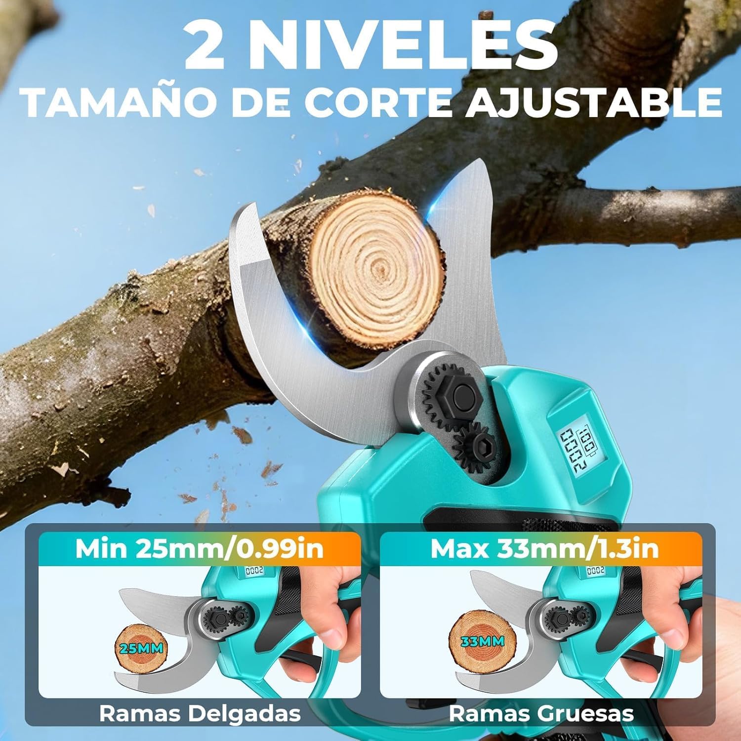 Detalle 2 de Tijeras de Podar Eléctricas 21V de Sukaudiz: potencia sin escobillas, 2 baterías y 33 mm de corte
