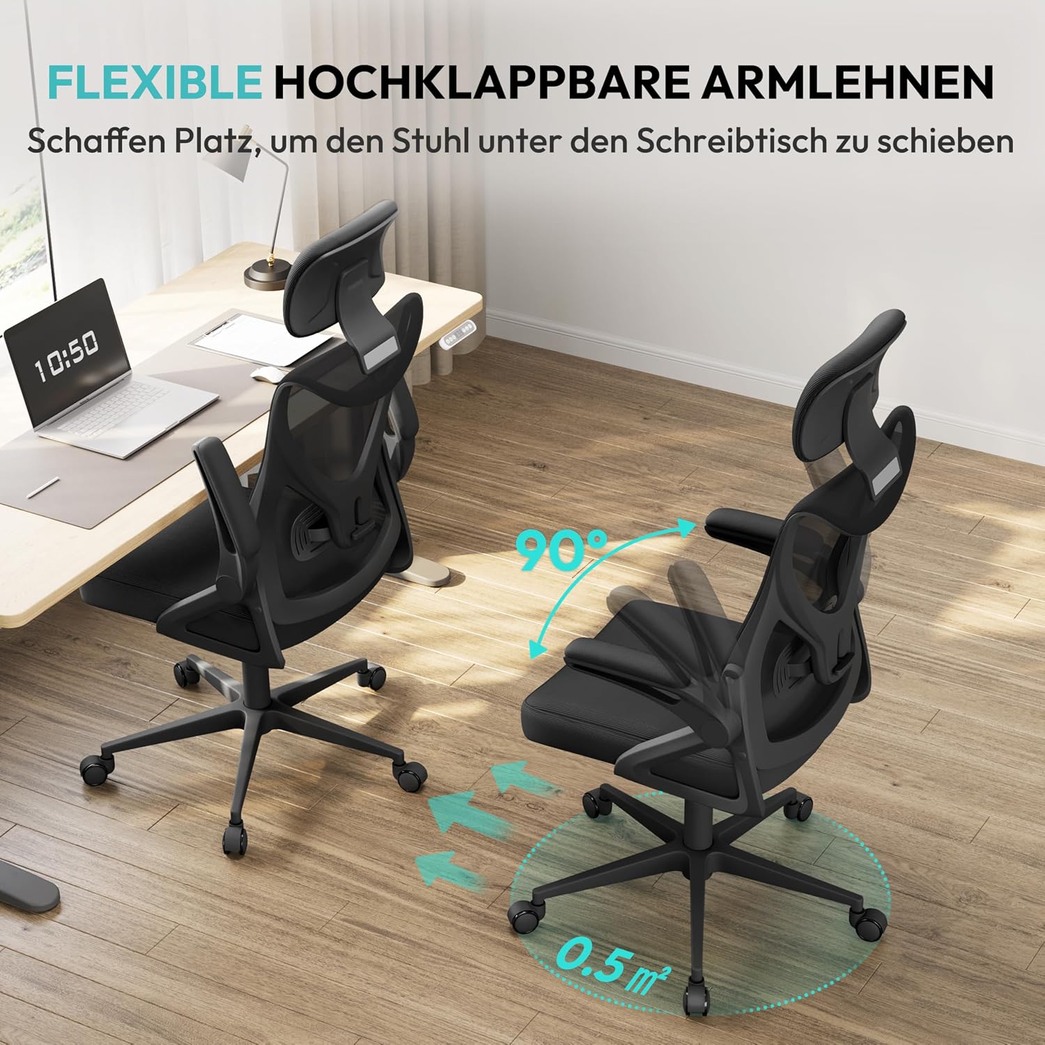 Thumbnail 6 de Yaheetech Bürostuhl ergonomisch mit hochklappbaren Armlehnen, Kopfstütze & Wippfunktion (EN1335, bis 136 kg, schwarz)