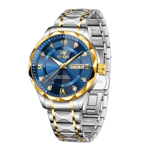 Detalle de OLEVS Men's Business Watch, Gold and Blue, Quartz, Stainless Steel Band