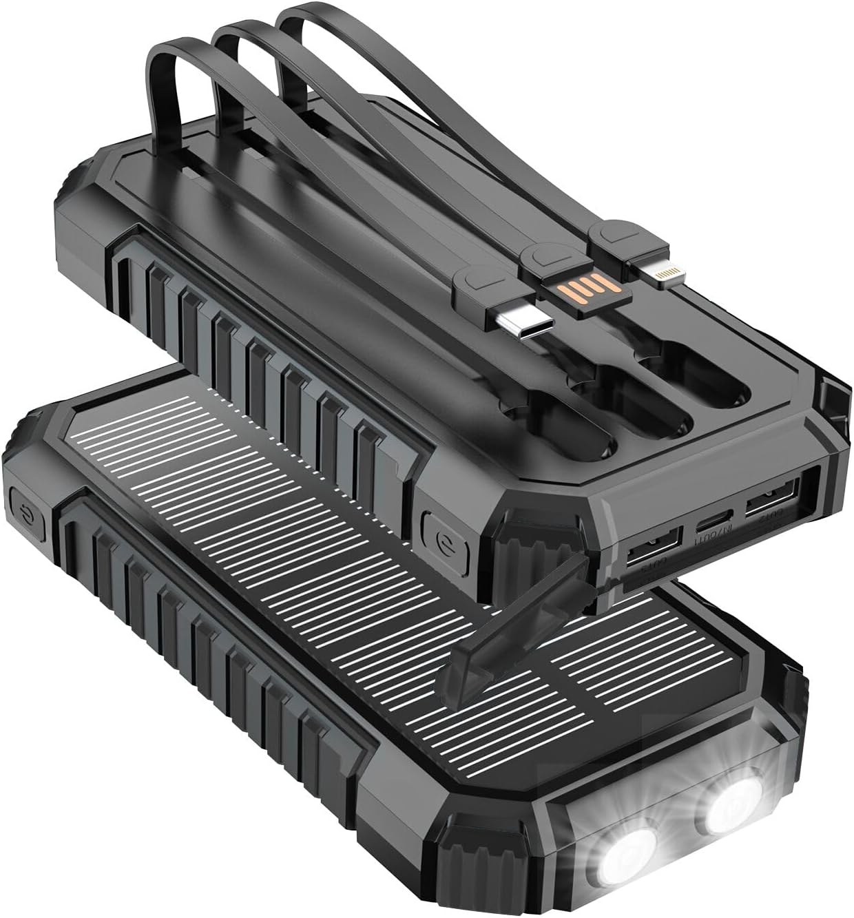 Detalle de Power Bank Solar 20000mAh 15W con cavi integrati e torcia LED – Caricatore rapido portatile per iPhone e Android