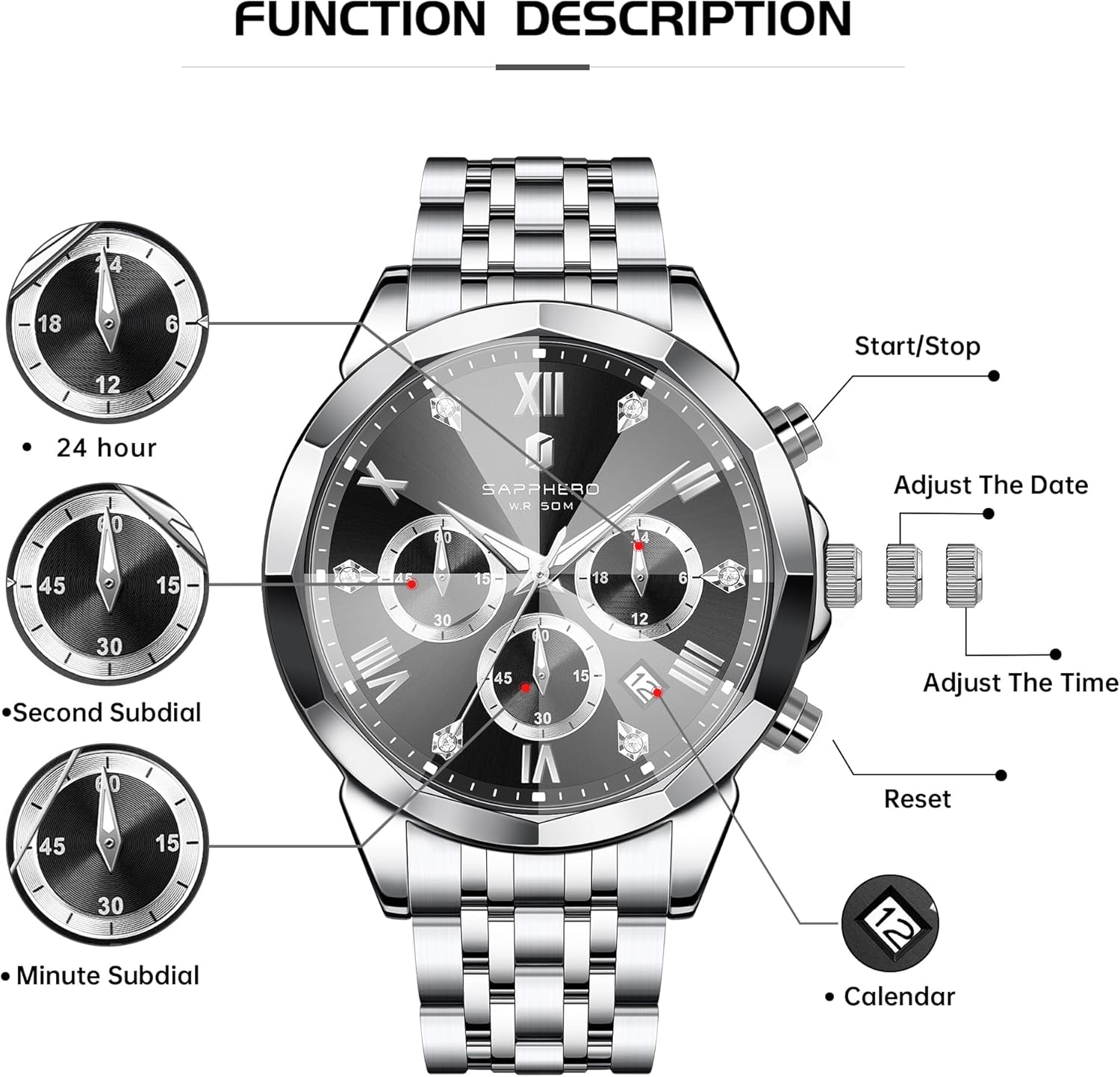 Thumbnail 6 de SAPPHERO Orologio da uomo Analogico Quarzo Cronografo 50M – Elegante e Sportivo in Acciaio