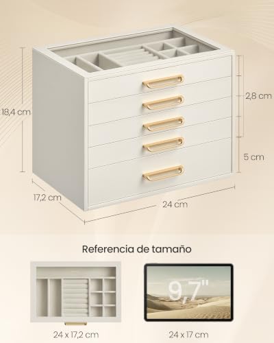 Detalle de SONGMICS Joyero con 5 cajones y tapa de cristal – Organizador elegante para tocador