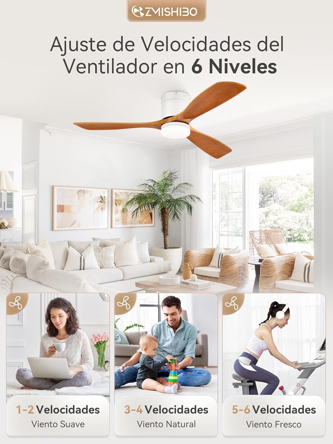 Thumbnail 2 de Título mejorado: ZMISHIBO Ventilador Techo Ø132cm Luz 6 Velocidades 🌀