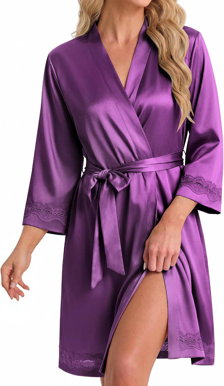 Detalle de Ekouaer ERK007815# Satin Kimono Robe with Lace Trim and 3/4 Sleeves