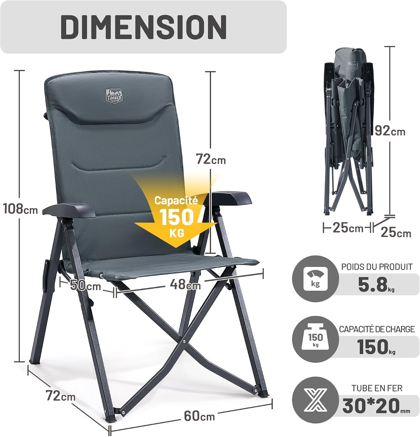 Detalle 2 de TIMBER RIDGE Chaise pliante de camping portable 4 positions jusqu’à 150 kg