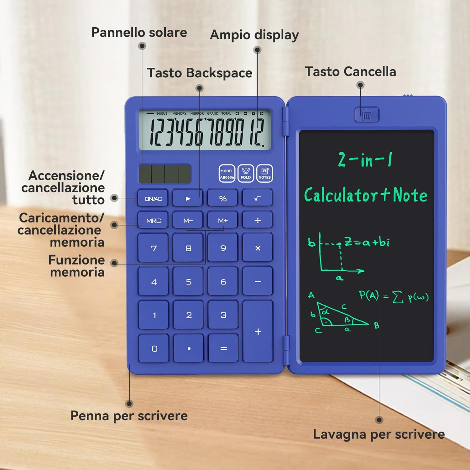 Detalle de NEWYES Calcolatrice 2-in-1 con Tavoletta da Scrittura e Penna – Blu, alimentazione solare e batteria CR1220