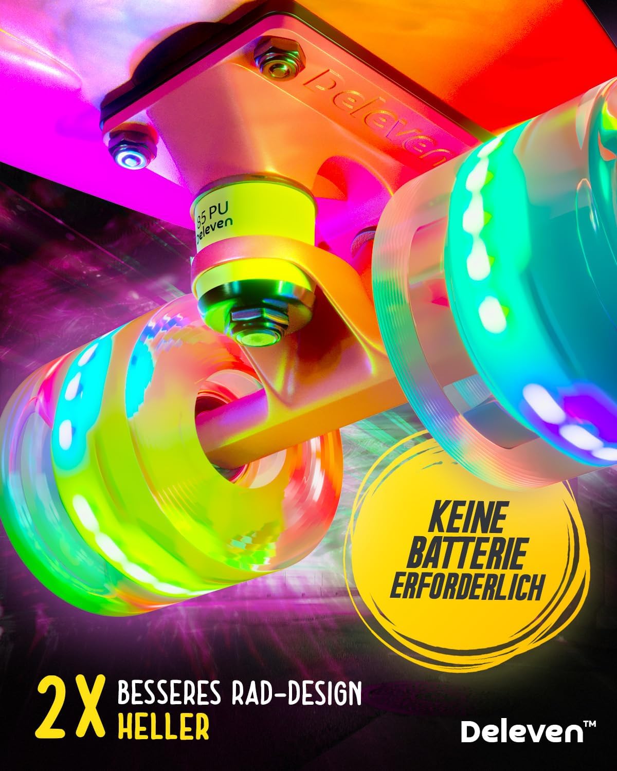 Thumbnail 3 de Deleven Skateboard mit LED Rollen – 56 cm, ABEC 7 Lager, Mini Cruiser