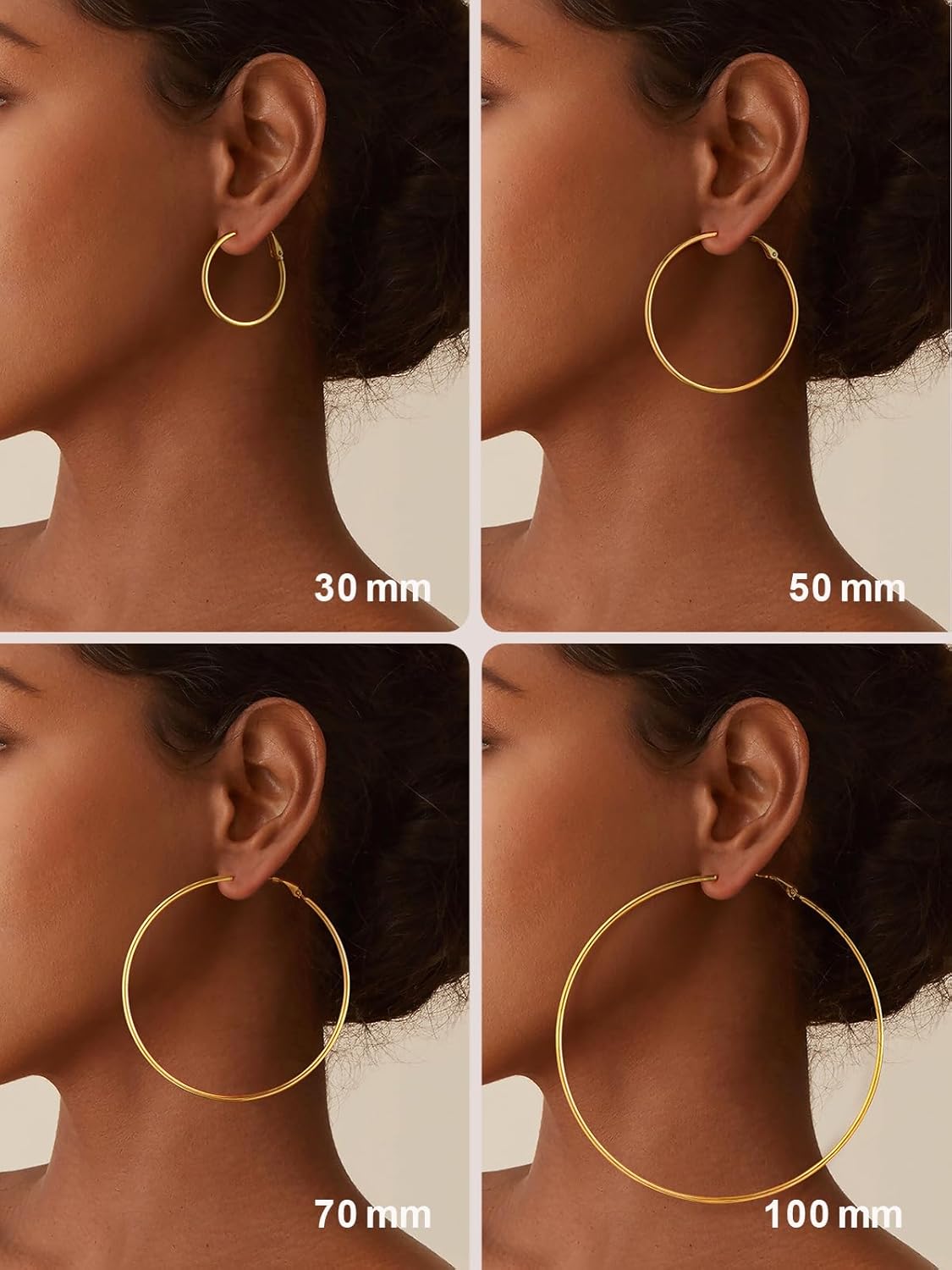 Thumbnail 5 de FOCALOOK Boucles d’oreilles créoles femme argent/plaqué or/noir en acier inoxydable – grands anneaux 30/50/70/100 mm