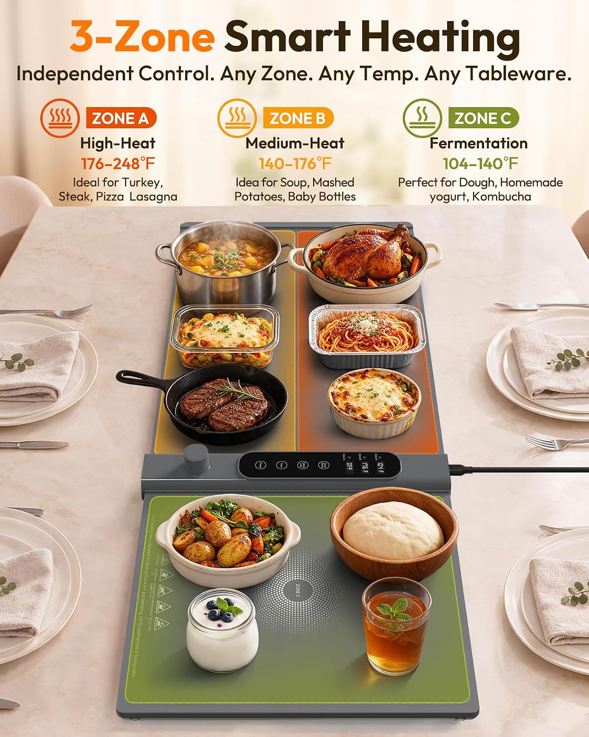 Detalle de Yeeke Extra-Large Food Warming Mat, 3-Zone Control, 17 Settings, 6-Hour Timer