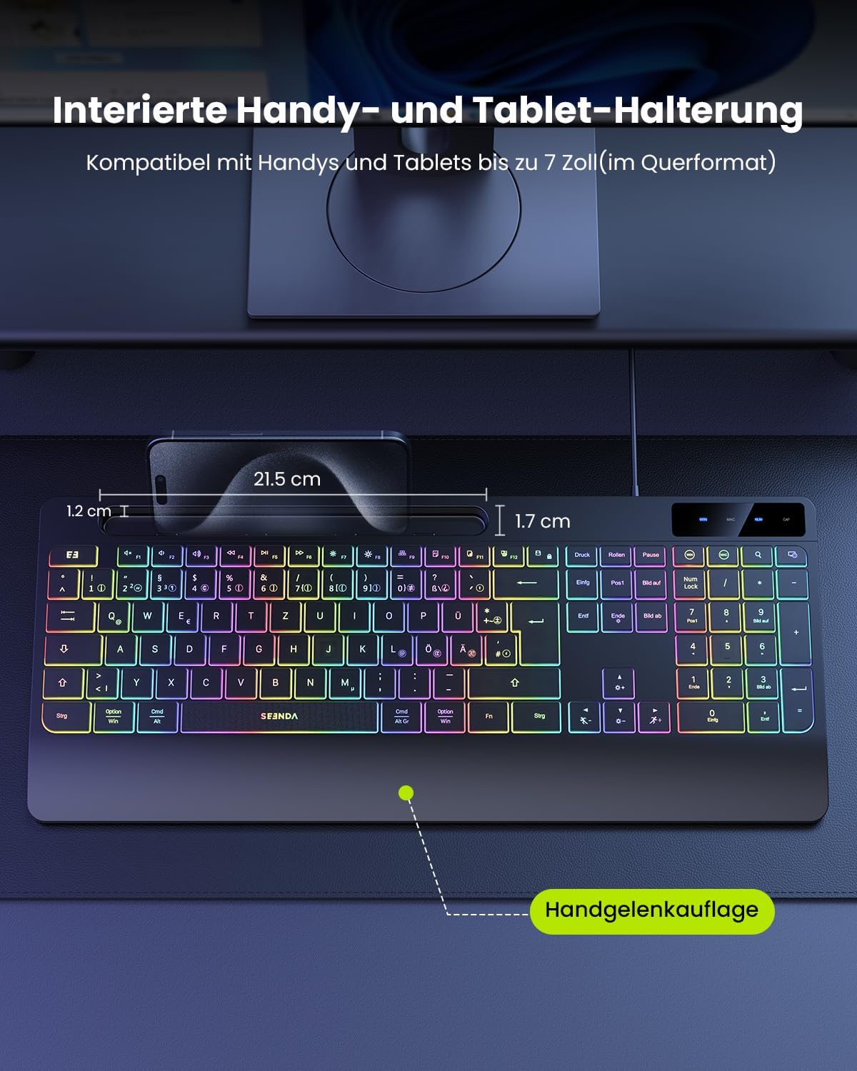 Thumbnail 4 de seenda KOE200 kabelgebundene beleuchtete Tastatur mit USB-A- & USB-C, ergonomisch mit Handgelenkauflage