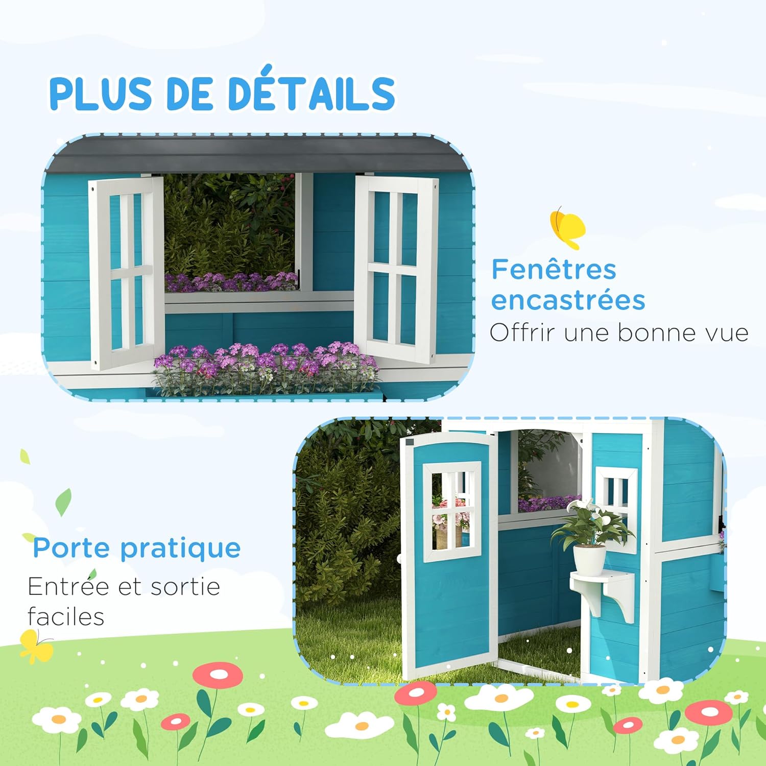 Thumbnail 5 de Outsunny Cabane Enfant extérieur Bleu – Maison de jeu avec porte, fenêtres et jardinières (114 × 126,4 × 135 cm)