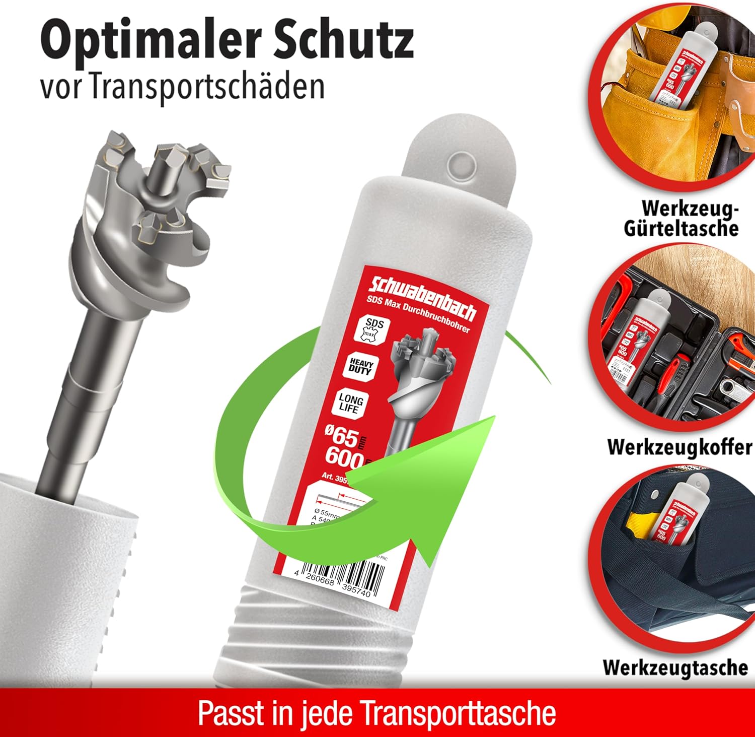 Thumbnail 5 de SCHWABENBACH Punta SDS Max 65mm x 600mm – Punta trapano 4 taglienti per calcestruzzo armato, lunghezza utile 480mm
