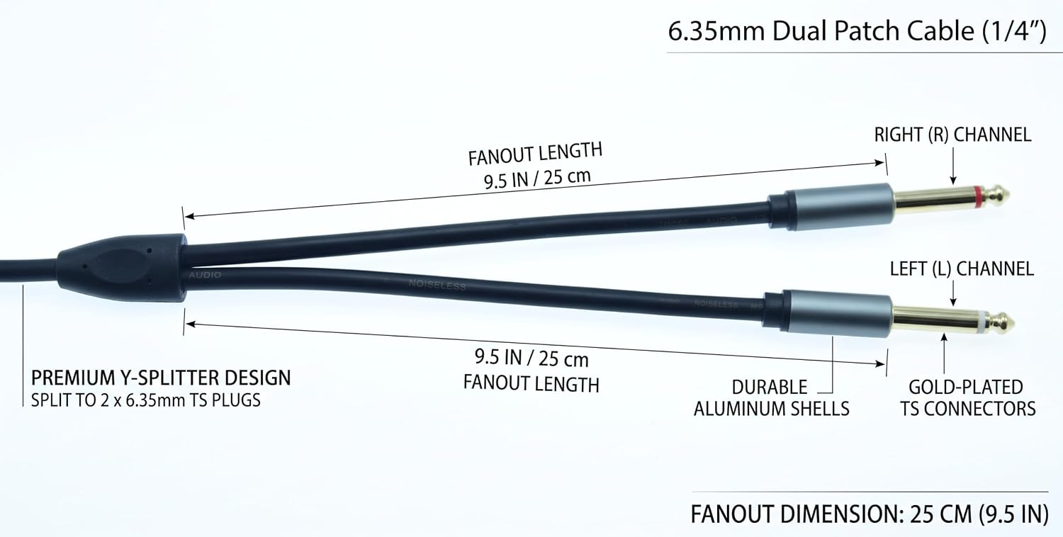 Detalle de Arklove 3-Pin XLR Male to Dual 1/4-Inch TS Y-Splitter Cable, 1 ft