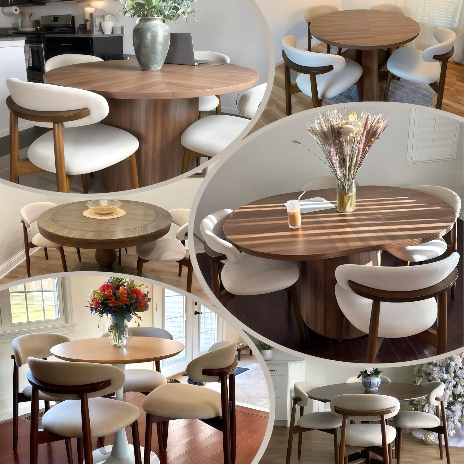 Detalle de COLAMY D6270US Wooden Dining Chairs, Set of 6, Beige Fabric, Rubberwood