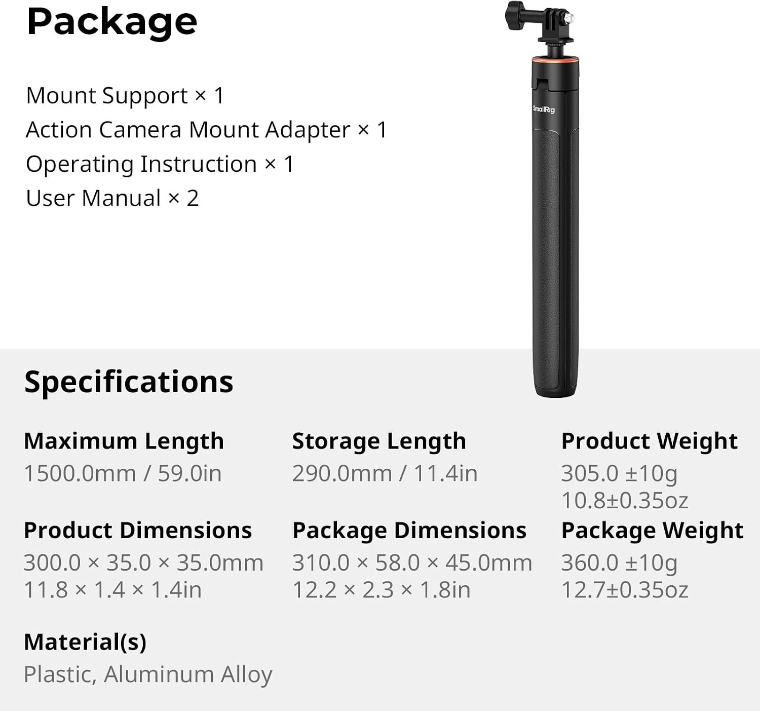 Thumbnail 6 de SMALLRIG 59" Selfie-Stativ (VT-08-5284) für GoPro, DJI Action und Insta360 X4/X5